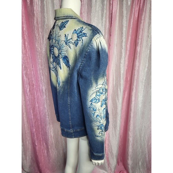 Vintage PJ Shernda Y2K Acid Wash Floral Beaded Pearl Jean Jacket Size Large - Picture 13 of 13